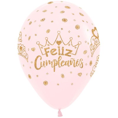 GLOBO ROSA FELIZ CUMPLE LETRAS ORO 12 UND