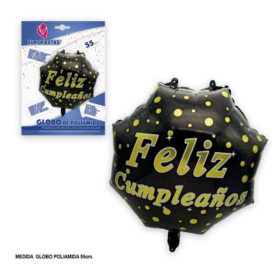 GLOBO FOIL EXAGONAL NEGRO FELIZ CUMPLE