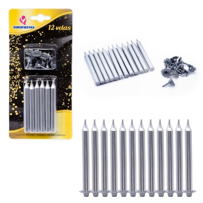 VELA CILINDRO PLATA + SOPORTE 12 UND