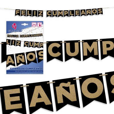 GUIRNALDA FELIZ CUMPLE NEGRA Y ORO