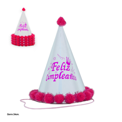 GORRO POMPON FELIZ CUMPLE ROSA