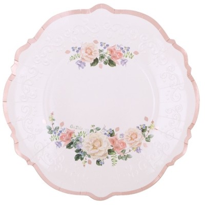 PLATOS CARTON 27 CM FLORES ROSA ORO 8 UND