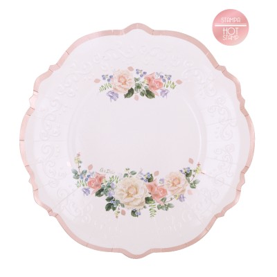 PLATOS CARTON 21 CM FLORES ROSA ORO 8 UND