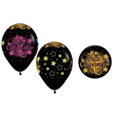 GLOBO NEGRO FELIZ CUMPLE NEON 12 UND