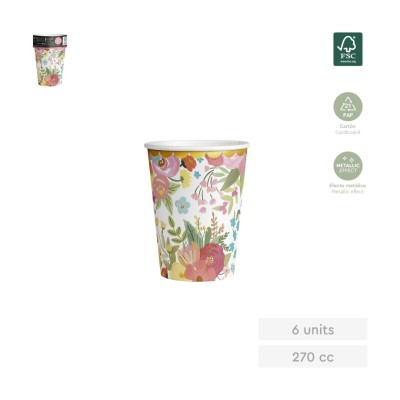 VASO CARTÓN DECORADO FLORAL 6UDS