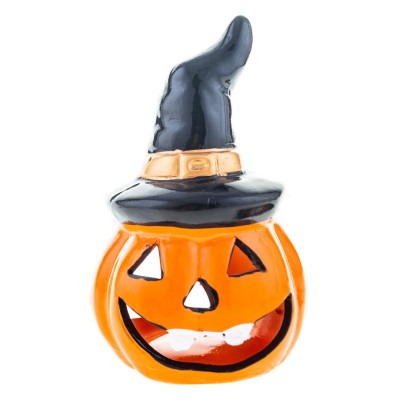 PORTAVELAS CALABAZA CON SOMBRERO 12 X 8 CM