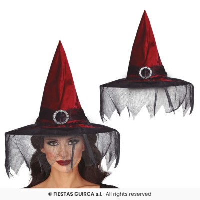 SOMBRERO BRUJA GRANATE CON VELO