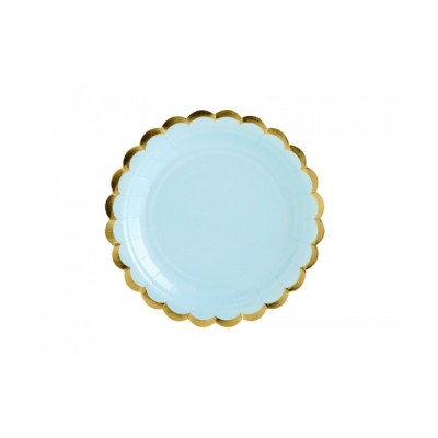 PLATOS CARTON CELESTE Y ORO 18 CM 6 UND