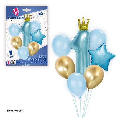 BOUQUETS GLOBOS 1ER CUMPLE CORONA AZUL 7 PZAS