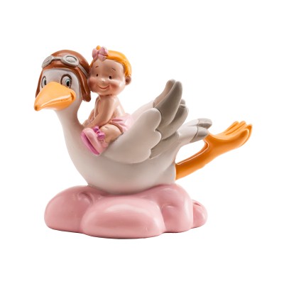 FIGURA BAUTIZO CIGUEÑA ROSA 10 CM