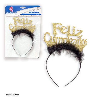 DIADEMA FELIZ CUMPLE CON PLUMAS NEGRO
