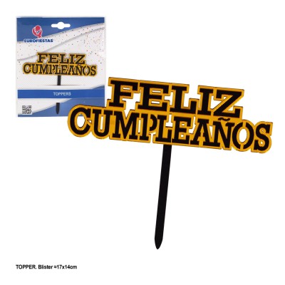 TOPPER FELIZ CUMPLE NEGRO CONTRORNO ORO