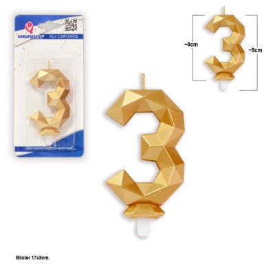 VELA POLIGONAL ORO 9 CM NUM.3