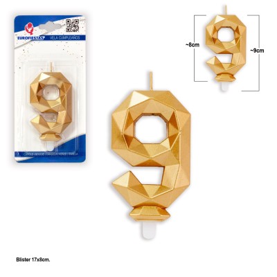 VELA POLIGONAL ORO 9 CM NUM.9