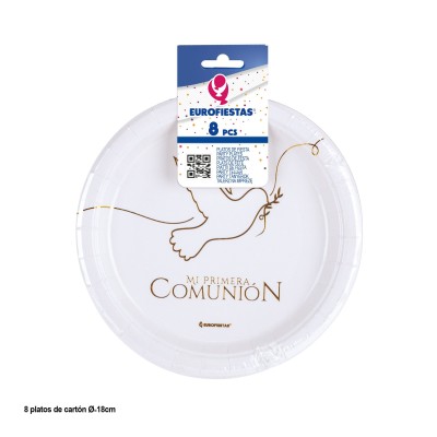 PLATOS CARTON 18 CM COMUNION PALOMA ORO 8 UND