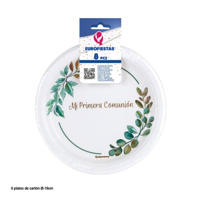 PLATOS CARTON 18 CM COMUNION ORO & HOJAS 8 UND