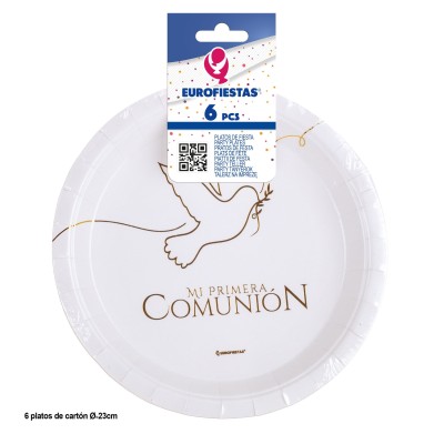 PLATOS CARTON 23 CM COMUNION PALOMA 6 UND