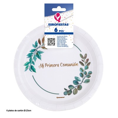 PLATOS CARTON 23CM COMUNION HOJAS ORO 6 UND