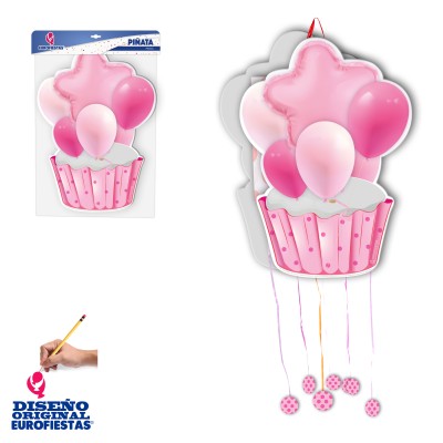 PIÑATA CUPCAKES ROSA CON GLOBOS