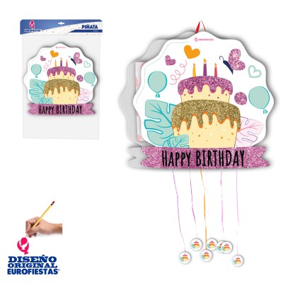 PIÑATA PURPURINA TARTA Y MARIPOSA