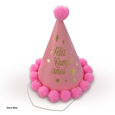GORRO FELIZ CUMPLE ESTRELLAS ROSA