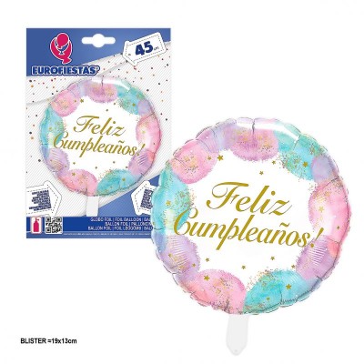 GLOBO FOIL FELIZ CUMPLE ACUARELA PASTEL 45CM