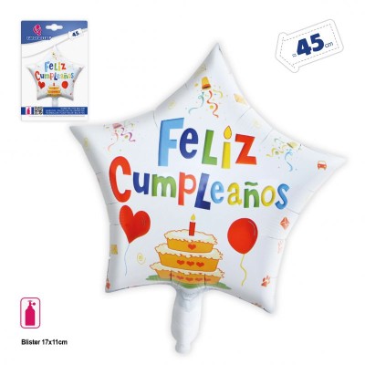 GLOBO ESTRELLA FELIZ CUMPLE BLANCO GLOBOS 45 CM
