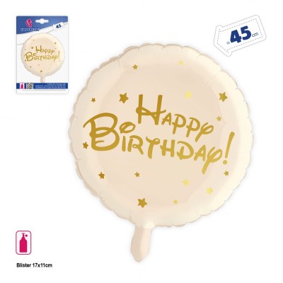 GLOBO BEIGE HAPPY BIRTHDAY ORO ESTRELLAS 45CM