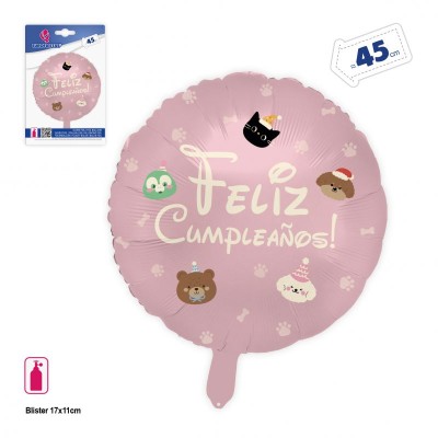GLOBO  ROSA FELIZ CUMPLE ANIMALES Y HUELLAS 45CM
