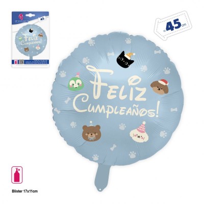 GLOBO AZUL FELIZ CUMPLE ANIMALES Y HUELLAS 45CM
