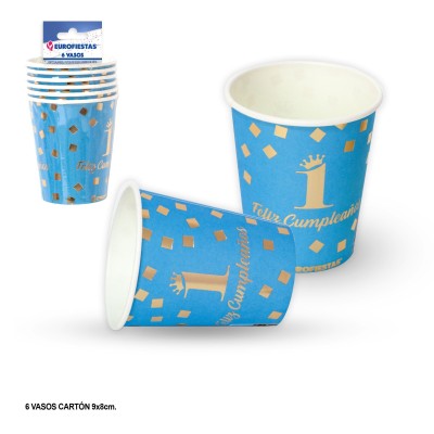 VASO  FELIZ 1 CUMPLEAÑOS AZUL 6 UND