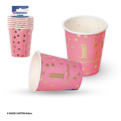 VASO  FELIZ 1 CUMPLEAÑOS ROSA 6 UND