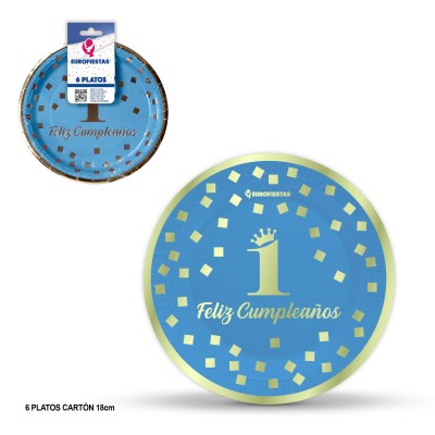 PLATO 18CM  FELIZ 1 CUMPLEAÑOS AZUL 6 UND