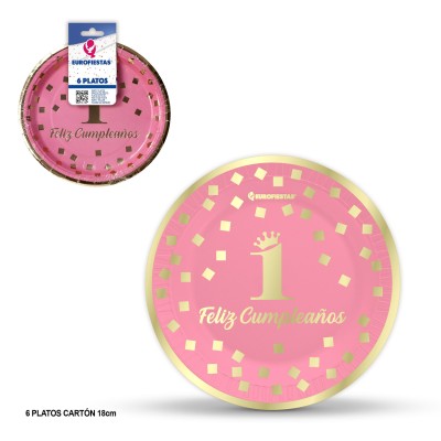 PLATO 18CM  FELIZ 1 CUMPLEAÑOS ROSA