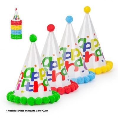 GORRO POM PON HAPPY BIRTHDAY MULTICOLOR