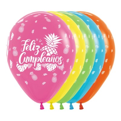 GLOBO LATEX FELIZ CUMPLE FLORES Y PIÑAS 12 UND