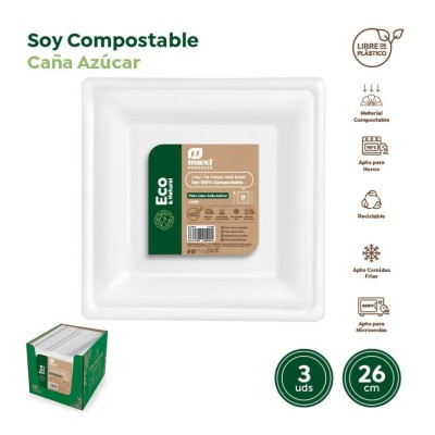 PLATO LLANO CUADRADO 26CM CAÑA AZÚCAR 3UD