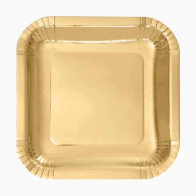 PLATO CARTÓN CUADRADO METAL. 26 CM ORO 4 UND