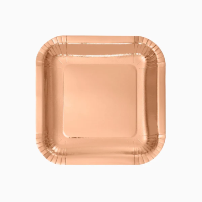 PLATO CUADRADO METAL 18 CM ORO ROSA 12 UND