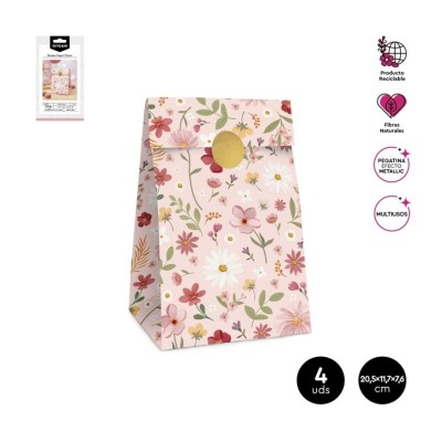 BOLSA FLORAL ROSA PASTEL 20,5CM PAPEL 4UD