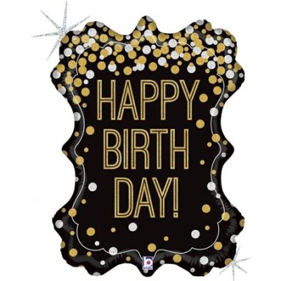 GLOBO MARCO NEGRO Y ORO HAPPY BIRTHDAY 86 CM