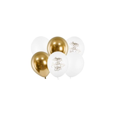 GLOBOS LATEX MIX HBDAY BALNCOS Y ORO 6 UND