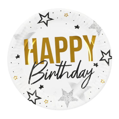 PLATOS 23 CM HAPPY BDAY FONDO BLANCO 8 UND