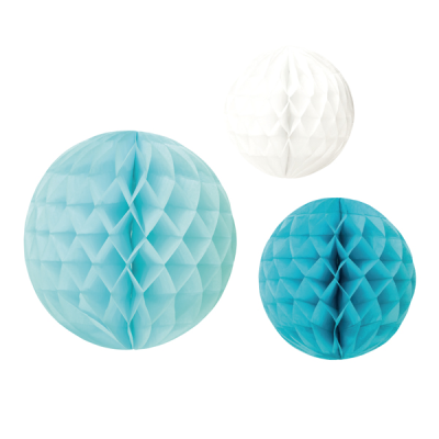 3 BOLAS DE PAPEL PANAL TONOS CELESTE 30/25/20