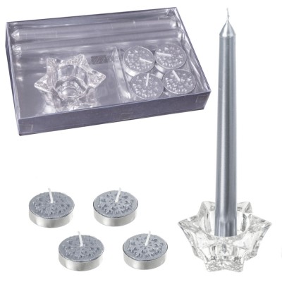 SET 4 VELAS + PORTAVELA PLATA