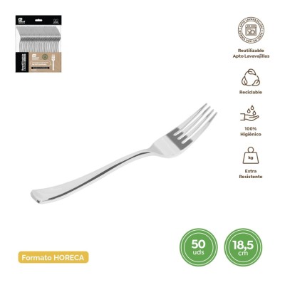 TENEDOR REUTILIZABLE PLATA METALIZADA 18,5CM 50UDS