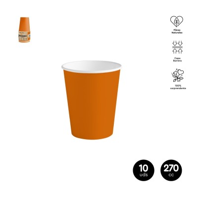 VASO CARTÓN NARANJA 270CC (9OZ) 10 UDS