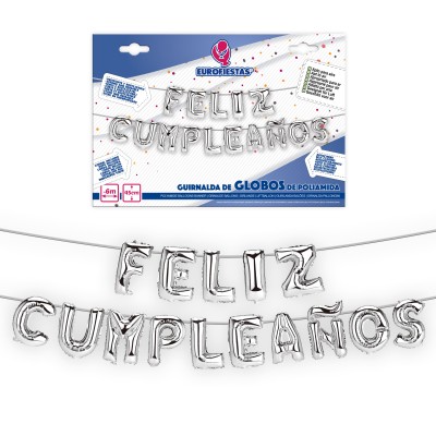 GLOBOS FOIL FELIZ CUMPLE PLATA + CUERDA