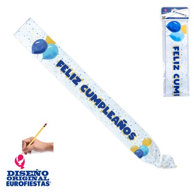 BANDA FELIZ CUMPLE AZUL CON GLOBOS